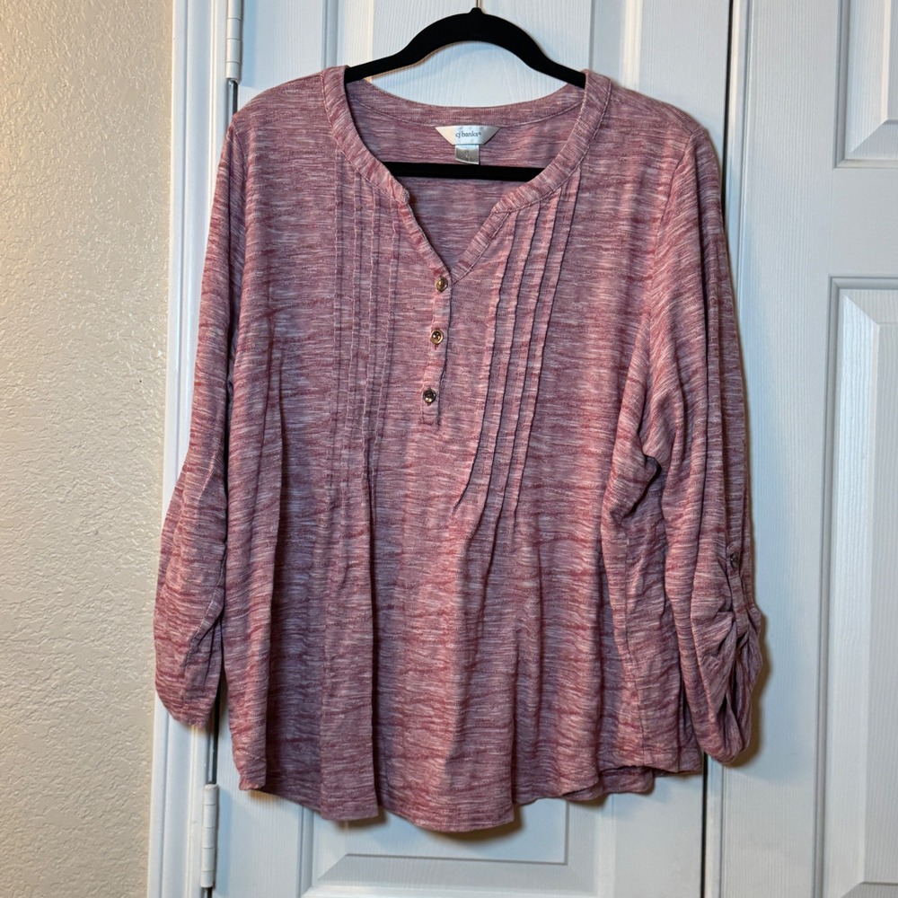 CJ Banks Women's Plus Size 2X Red Heathered Long Sleeve Button Shirt Casual